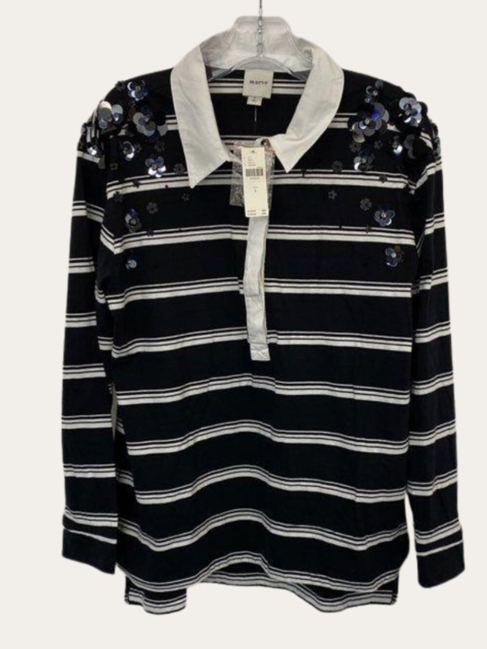 Maeve Black White Striped Sequin Rugby Polo Shirt NWT Small - Picture 3 of 7